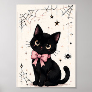 Cute Pink Bow Spiderweb Black Cat Poster