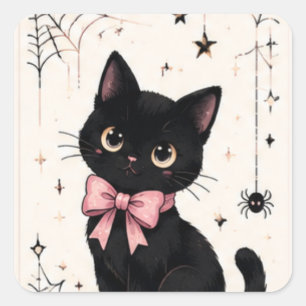 Cute Pink Bow Spiderweb Black Cat Square Sticker