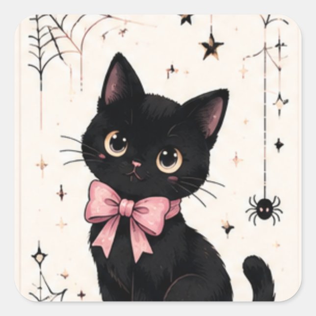 Cute Pink Bow Spiderweb Black Cat Square Sticker (Front)