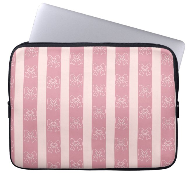 Cute Pink Bow Stripe Pattern – Girly Aesthetic Laptop Sleeve (Front)