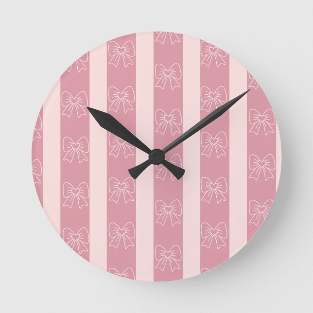 Cute Pink Bow Stripe Pattern – Girly Aesthetic Round Clock (Front)
