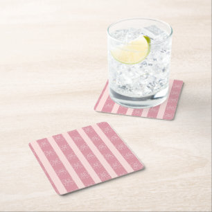 Cute Pink Bow Stripe Pattern – Girly Aesthetic Square Paper Coaster