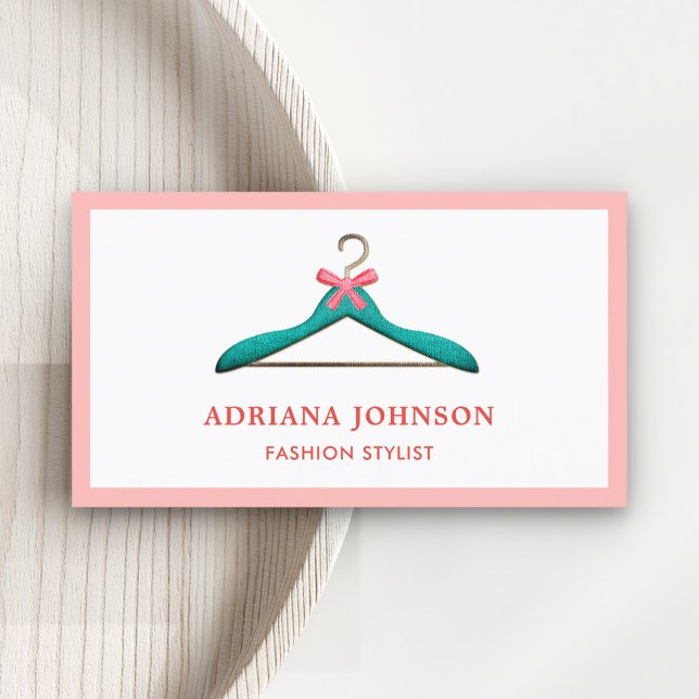 Cute Pink Bow Teal Clothes Hanger Fashion Stylist Business Card (Creator Uploaded)
