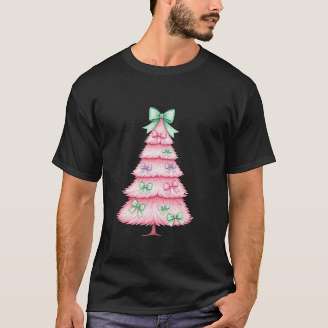 Cute Pink Bow Tree Christmas Coquette Bow T-Shirt (Front)