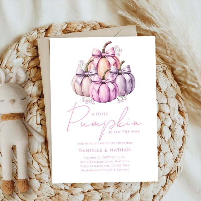 cute pink bow watercolor girl pumpkin baby shower invitation (Creator Uploaded)