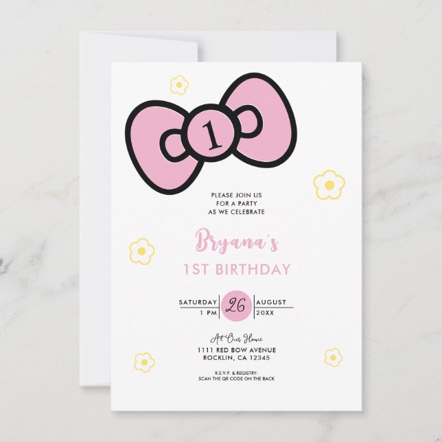 Cute Pink Bow Whimsical Birthday Party Invitation (Front)