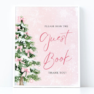 Cute Pink Bows Christmas Tree Guest Book Sign