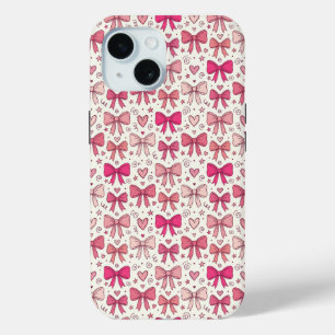 Cute Pink Bows Hearts Hand-Sketched Pattern iPhone 15 Case