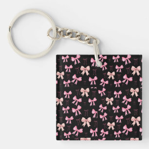 Cute Pink Bows on Black Pattern Promotional Keycha Key Ring