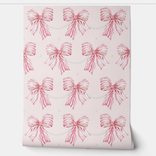Cute Pink Bows & Pearls Sweet Coquette Home Decor Wallpaper