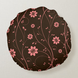 Cute Pink & Brown Delicate Floral Pattern Round Cushion