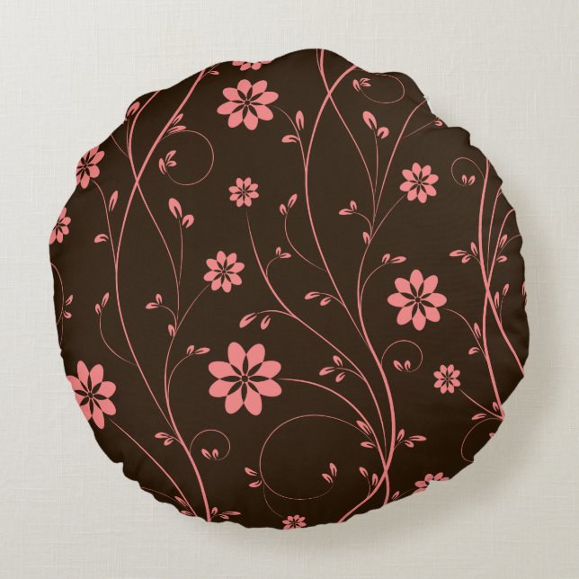 Cute Pink & Brown Delicate Floral Pattern Round Cushion (Back)