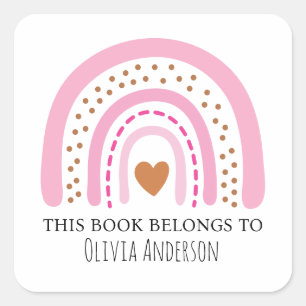 Cute Pink Brown Dotted Rainbow This Book Belongs Square Sticker