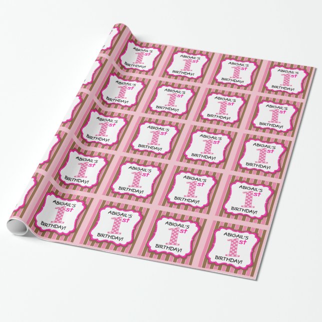Cute Pink & Brown Girl's 1st Birthday Personalised Wrapping Paper (Unrolled)