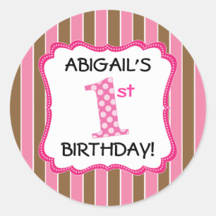 Cute Pink/Brown Girls First Birthday Classic Round Sticker