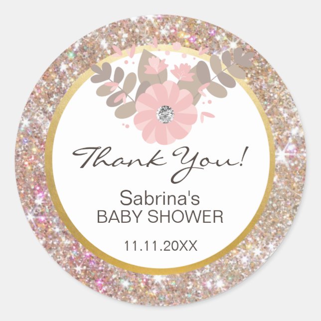 Cute Pink, Brown, Glitter Gold Baby Shower - Girls Classic Round Sticker (Front)