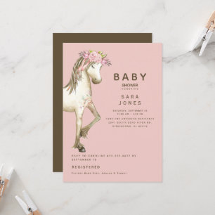 Cute Pink & Brown Watercolor Pony Baby Shower Invitation