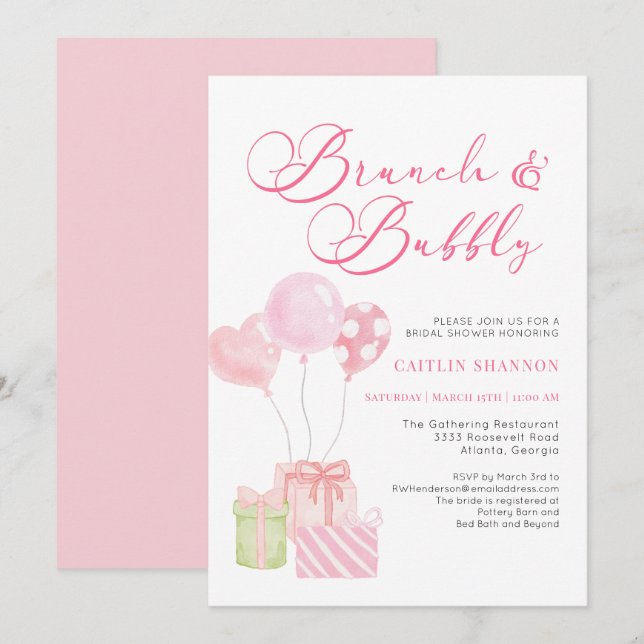 Cute Pink Brunch and Bubbly Bridal Shower Invitation (Front/Back)