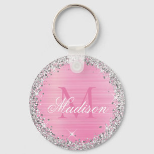 Cute Pink Brushed Metal Silver Glitter Monogram Key Ring