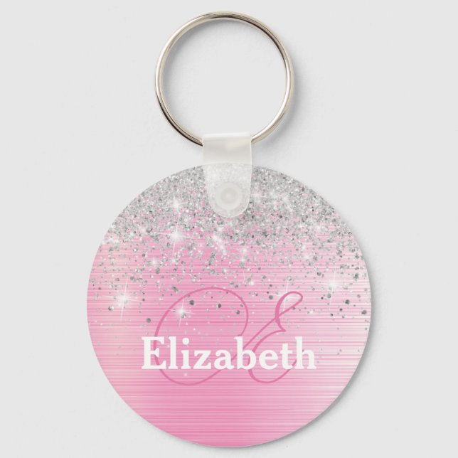 Cute Pink Brushed Metal Silver Glitter Monogram  Key Ring (Front)