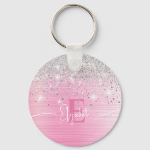 Cute Pink Brushed Metal Silver Glitter Monogram Key Ring