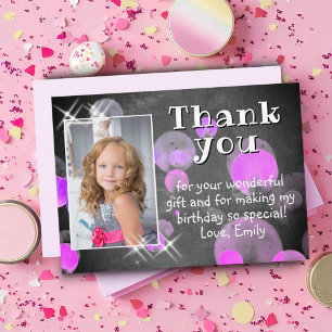 Cute Pink Bubbles Chalkboard Girl Photo Birthday Thank You Card