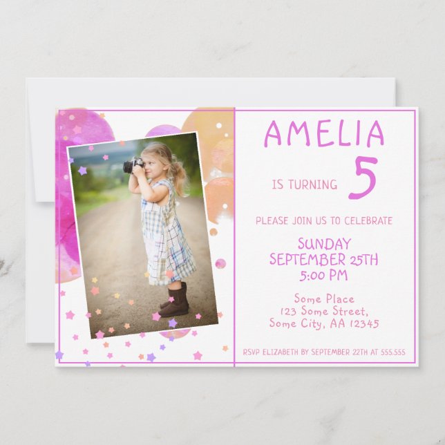 Cute Pink Bubbles Girly Kid`s Photo Birthday Invitation (Front)
