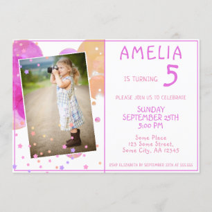 Cute Pink Bubbles Girly Kid`s Photo Birthday Invitation