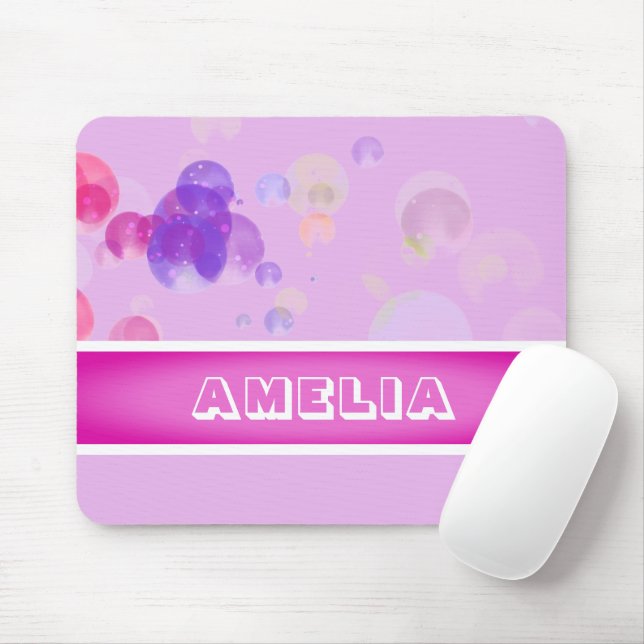 Cute Pink Bubbles Girly Name Mouse Mat (With Mouse)