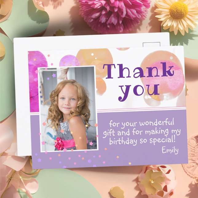 Cute Pink Bubbles Photo Birthday Thank you Postcard (Creator Uploaded)