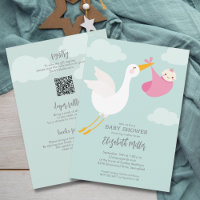 Cute Pink Bundle Stork Girl Baby Shower All in One