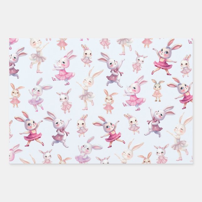 Cute Pink Bunnies Dancing Pattern Wrapping Paper Sheet (Front)