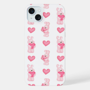 Cute Pink Bunnies with Hearts Pattern iPhone 15 Plus Case