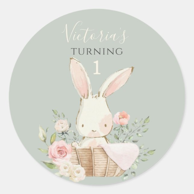 Cute Pink Bunny 1 One Birthday Green Classic Round Sticker (Front)