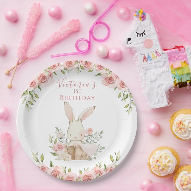 Cute Pink Bunny 1 One First Birthday Paper Plate (Party)
