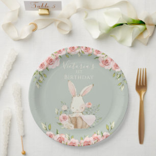Cute Pink Bunny 1 One First Green Birthday Paper Plate