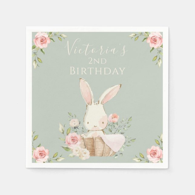 Cute Pink Bunny 2 Two Second Birthday Green Napkin (Front)