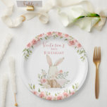 Cute Pink Bunny 2 Two Second Birthday  Paper Plate<br><div class="desc">Cute pink watercolor bunny paper plate personalised with name and number of year of birthday. Green background. As cute as can be for your little girls second birthday party.  Other party accessories available.</div>
