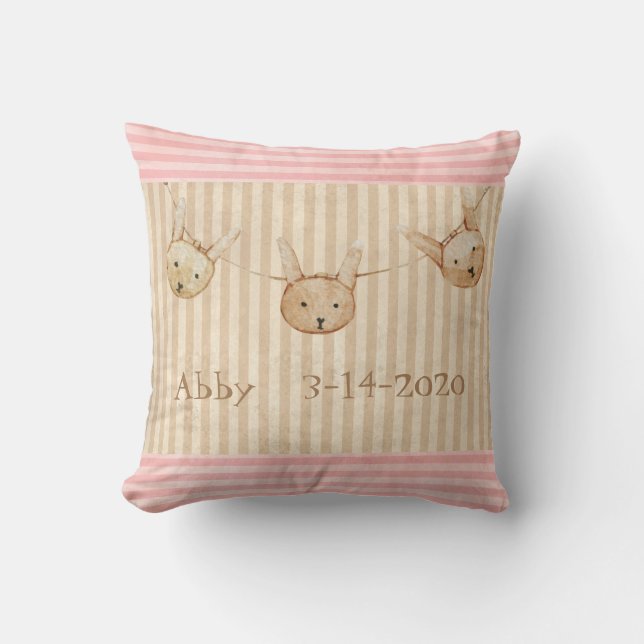 Cute Pink Bunny Baby Girl Announcement Cushion (Front)