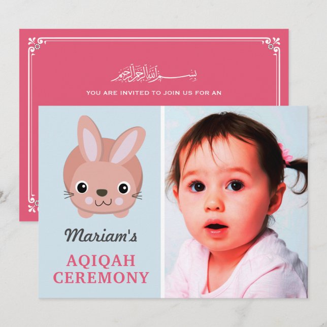 Cute Pink Bunny Baby Girl Photo Aqiqah Invitation (Front/Back)