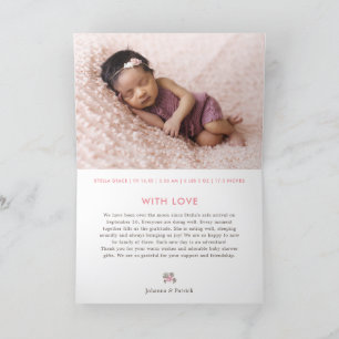 Cute Pink Bunny Birth Announcement Thank You Card