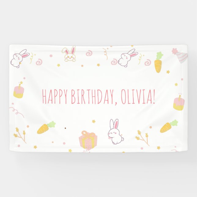 Cute Pink Bunny Birthday Banner Easter Rabbit Sign (Horizontal)