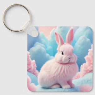 Cute Pink Bunny Cotton Candy Clouds Key Ring