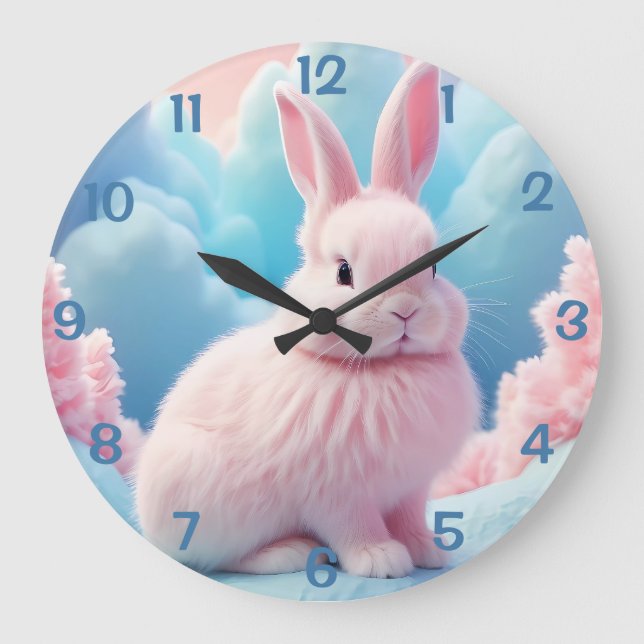 Cute Pink Bunny Cotton Candy Clouds Large Clock (Front)