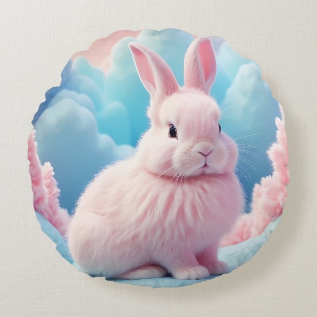 Cute Pink Bunny Cotton Candy Clouds Round Cushion (Front)