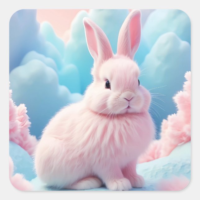 Cute Pink Bunny Cotton Candy Clouds Square Sticker (Front)
