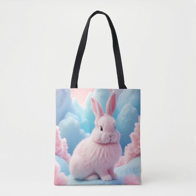 Cute Pink Bunny Cotton Candy Clouds Tote Bag (Front)
