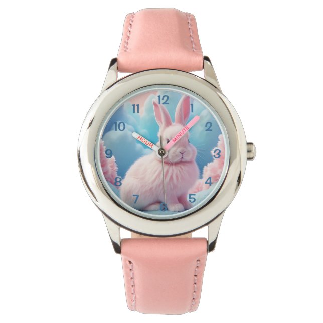 Cute Pink Bunny Cotton Candy Clouds Watch (Front)