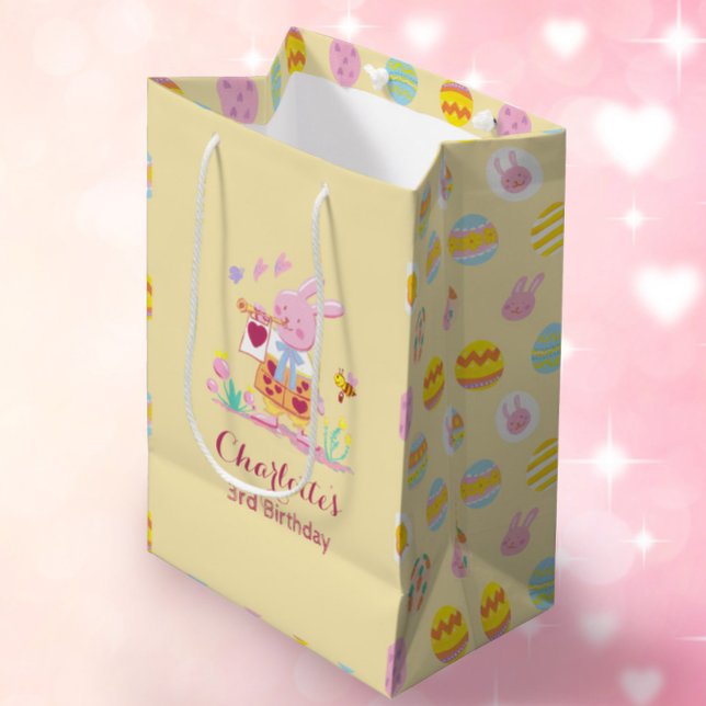 Cute Pink Bunny Egg Pattern Kids Birthday Yellow Medium Gift Bag (Creator Uploaded)