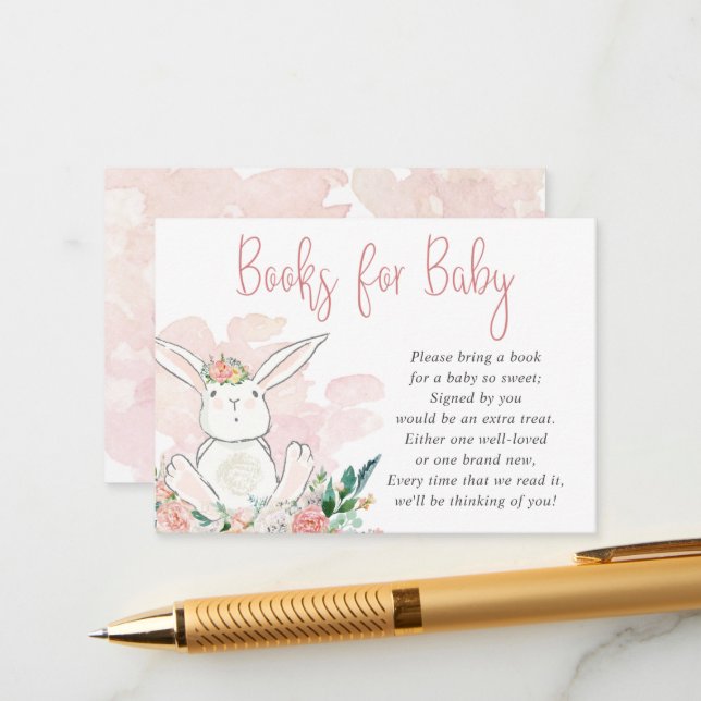 Cute Pink Bunny Floral BOOKS FOR BABY Request Enclosure Card (Front/Back In Situ)